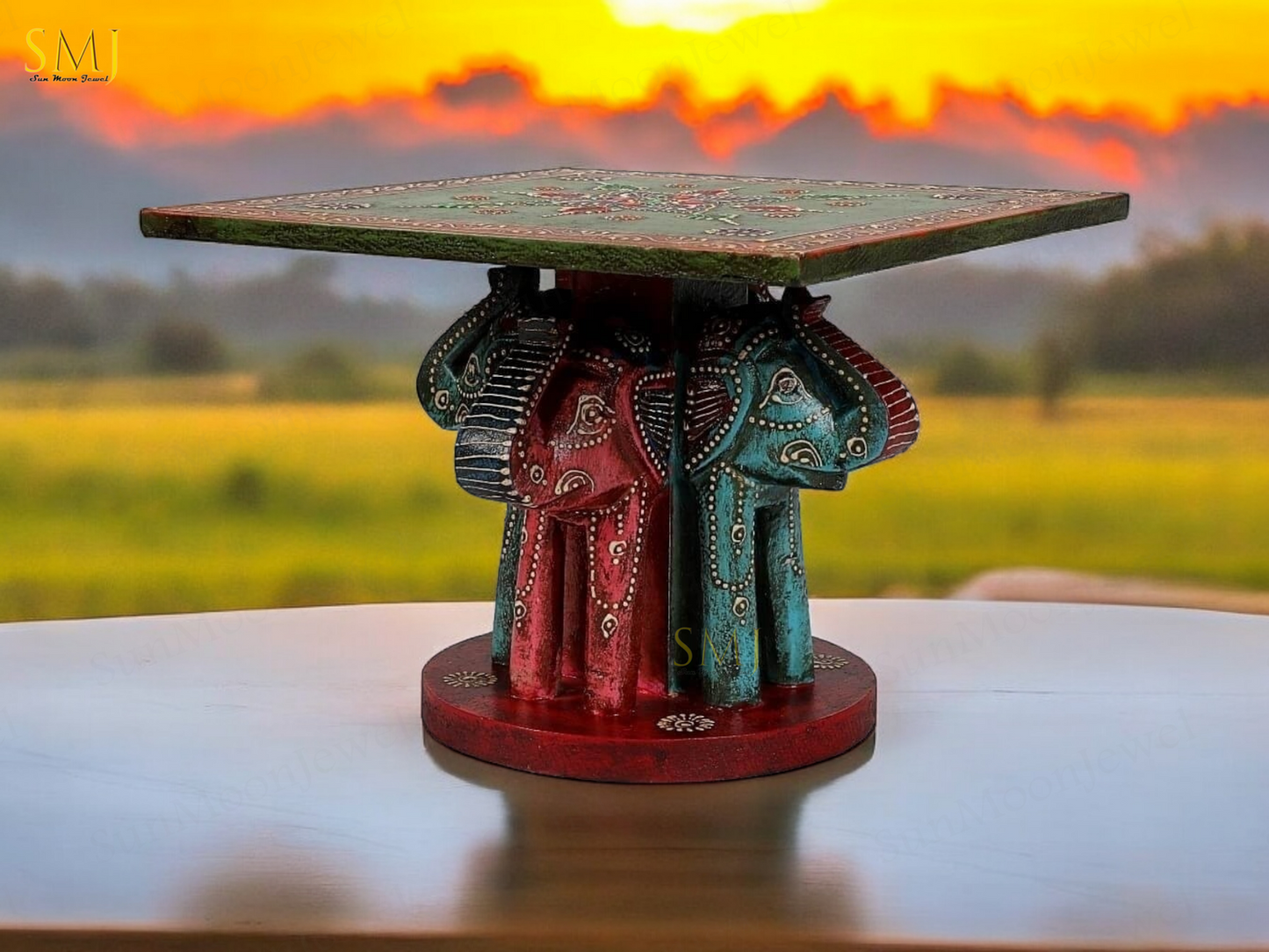 Elephant Top Table Square Teak Wood Elephant Table Hand Painted Elephant Gift