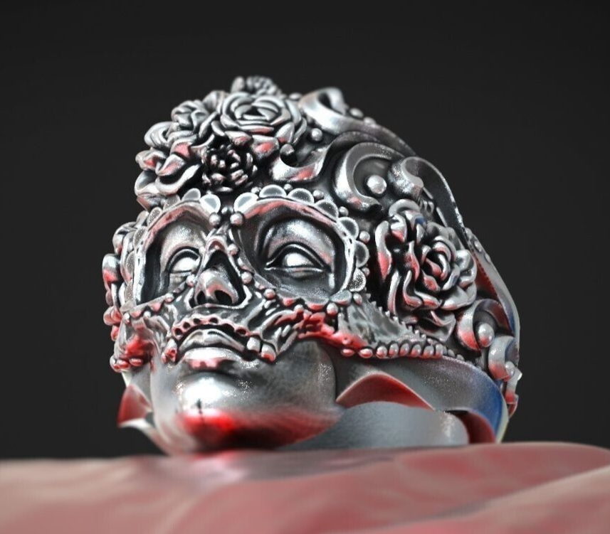 Silver Masquerade Skull Ring Handmade Unique Large Design Gothic Ring Us5~ 15