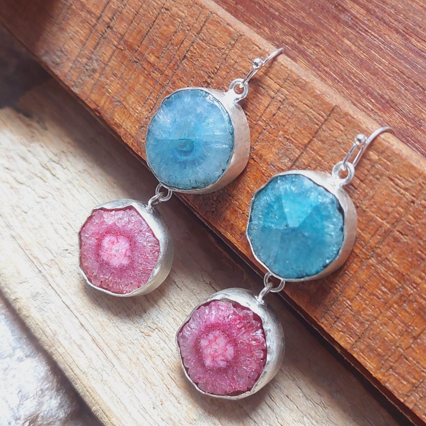 925 Sterling Silver Natural Blue And Pink Solar Quartz Handmade Earring For Her