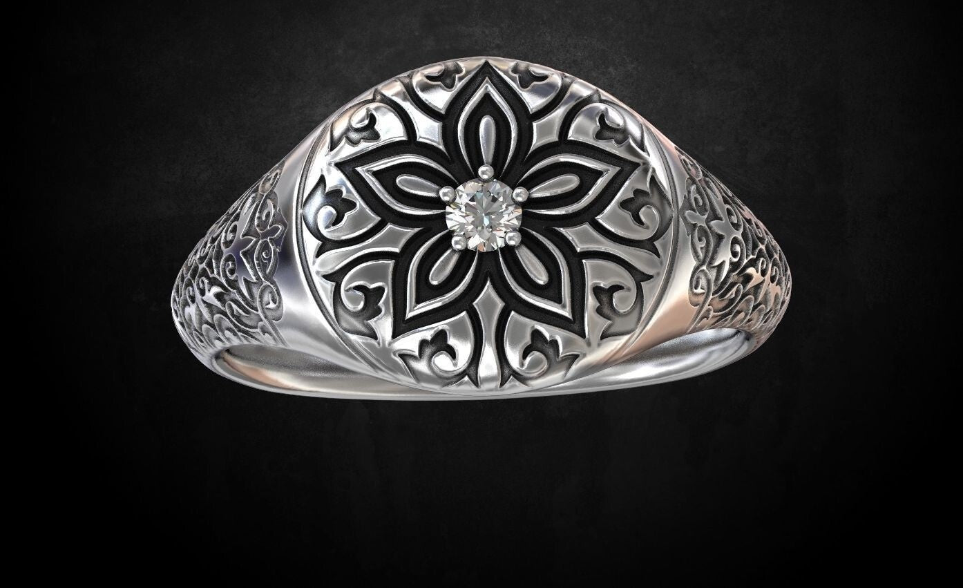 Vintage CZ Signet Ring 925 Silver Handmade Antique Style Gift for Men US5-15