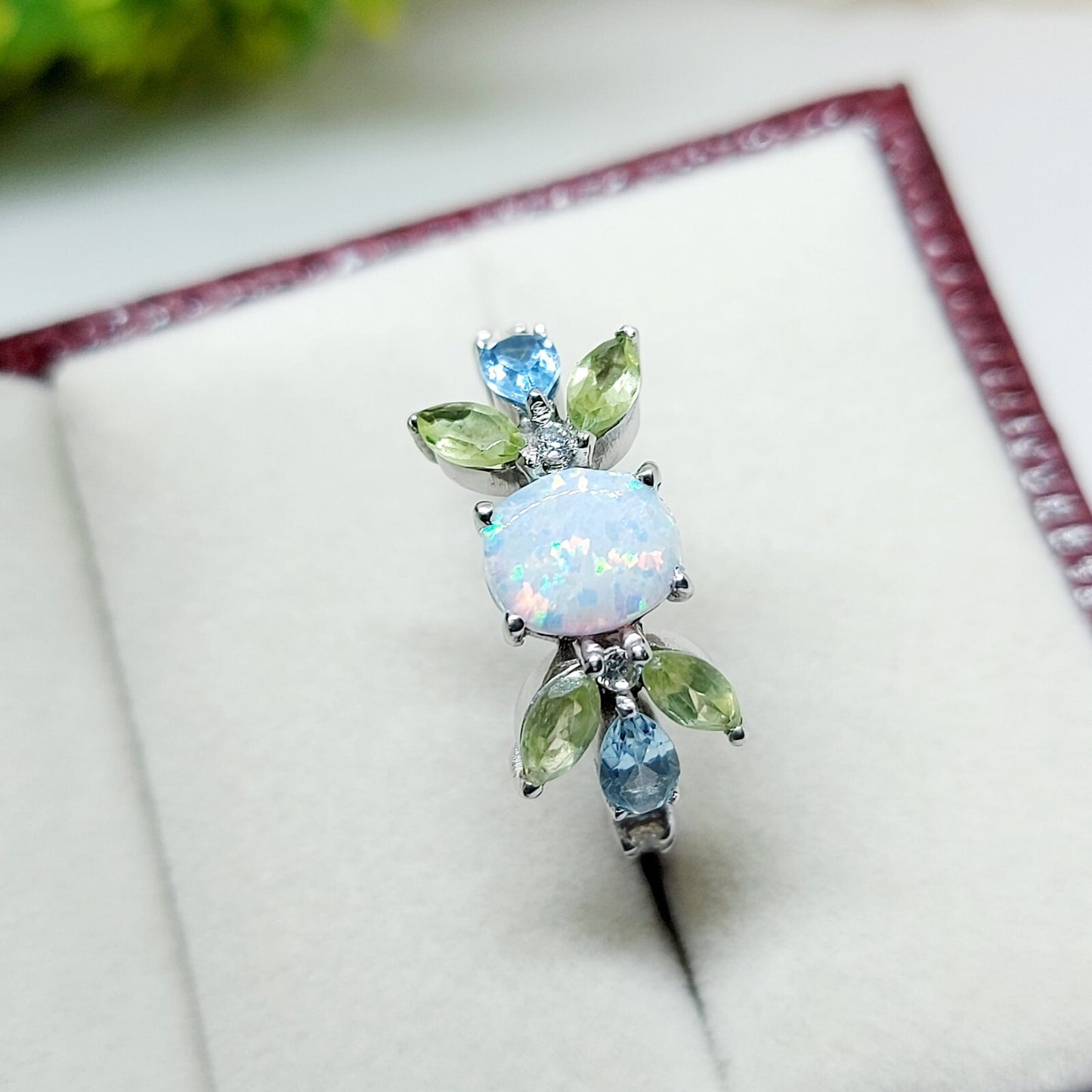 925 Silver Peridot Opal Cluster Ring Oval Cut Opal Promise Wedding Ring US5 ~15