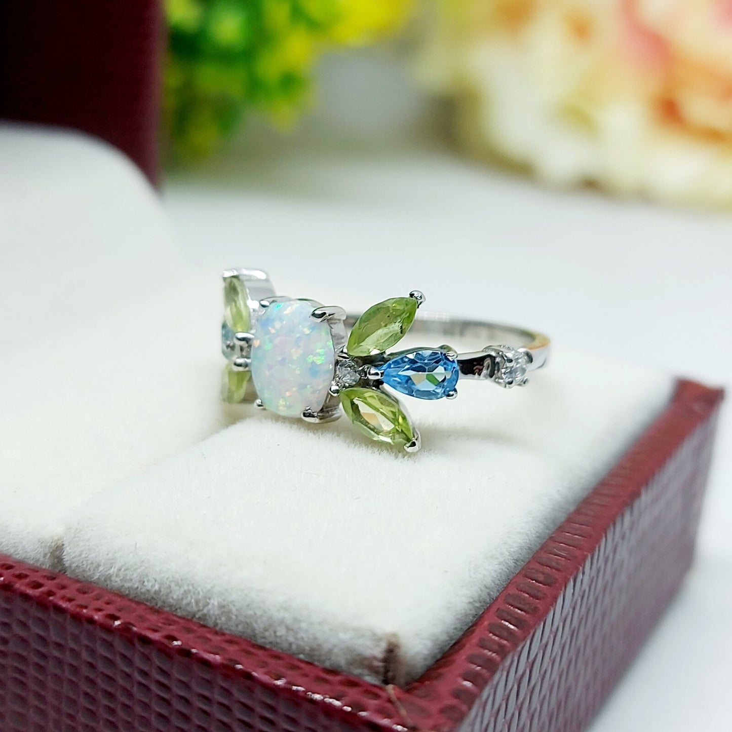 925 Silver Peridot Opal Cluster Ring Oval Cut Opal Promise Wedding Ring US5 ~15