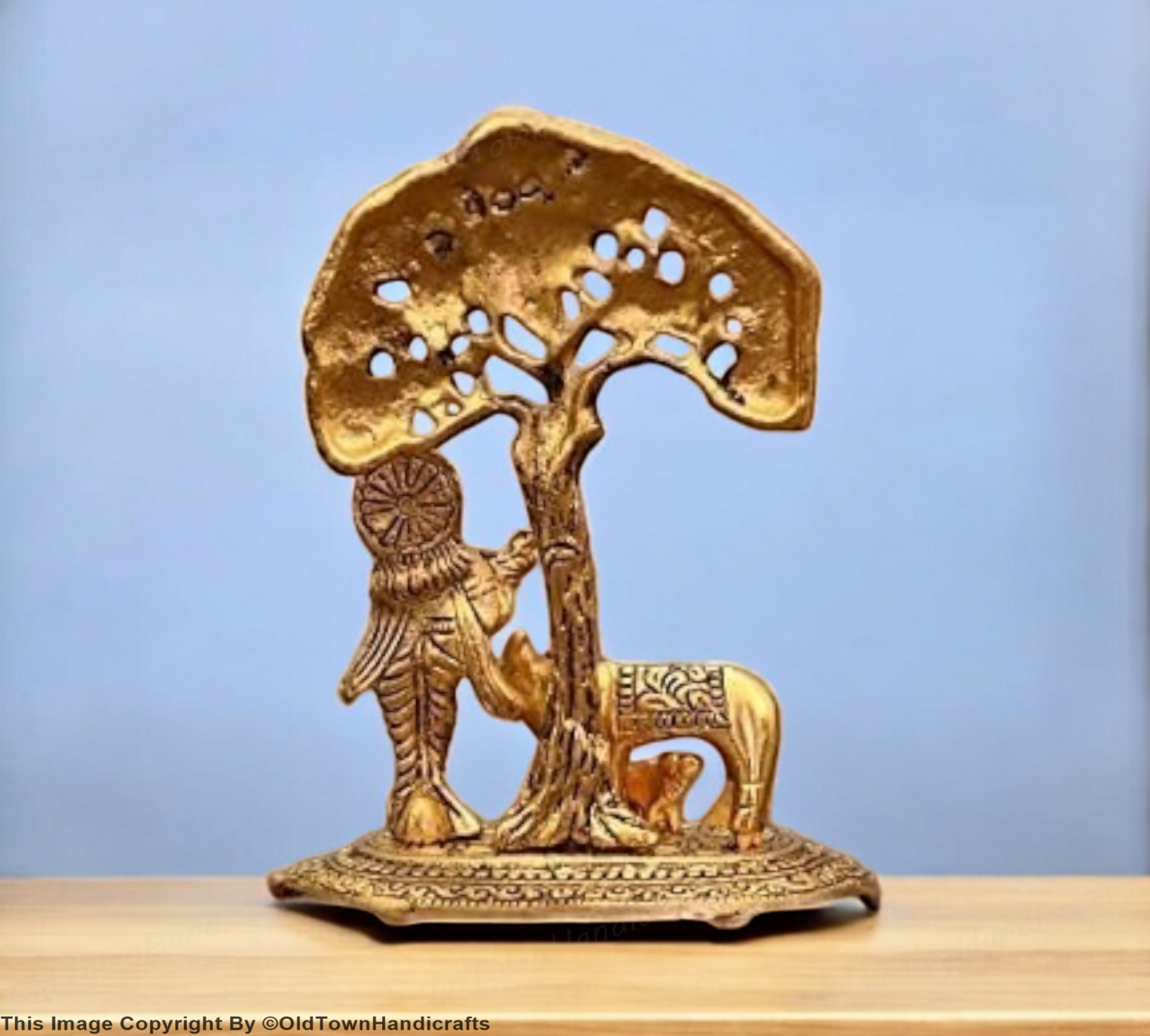 Brass Finish Krishna Idol with Cow Under Tree 6" Statue for Home Office Decor