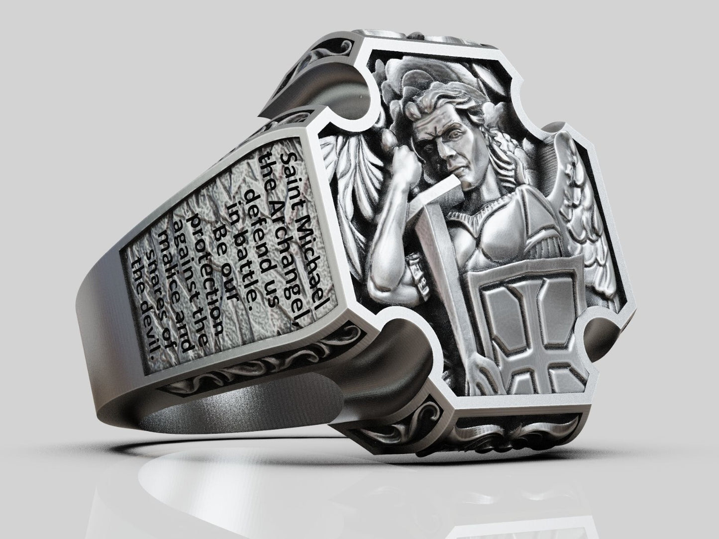 Saint Archangel Michael Prayer Signet Ring US7-15 Sterling Silver Men's Ring