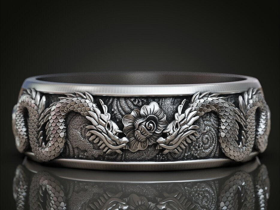 Silver Men's Ring Dragon Spinner Wedding Band Dragon Flower Women Ring US5~15