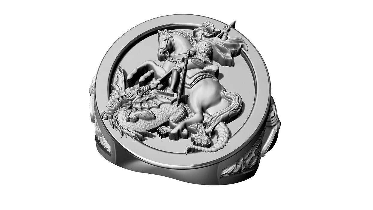 Saint George Cross Dragon Ring 925 Silver Signet Ring US5~15 Gift For Men Women