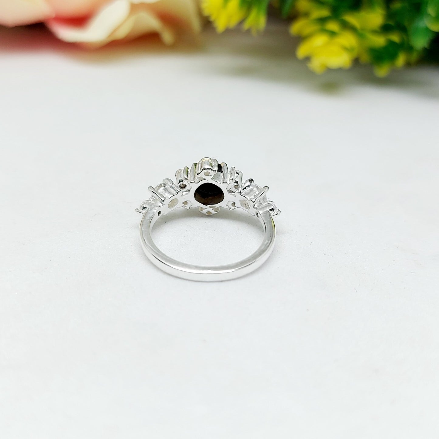 Natural Round Black Spinel Engagement Ring Cz Diamond 925 Sterling Silver Gift