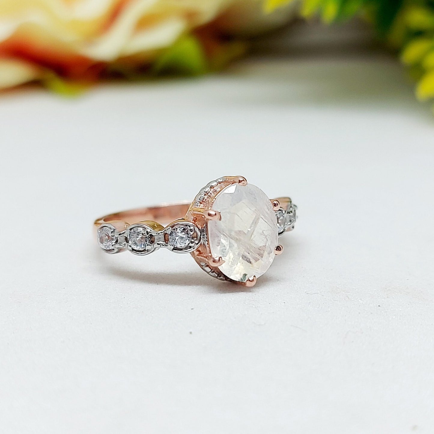 Natural Oval Cut Fire Moonstone Ring 925 Sterling Silver ArtDeco Engagement Ring