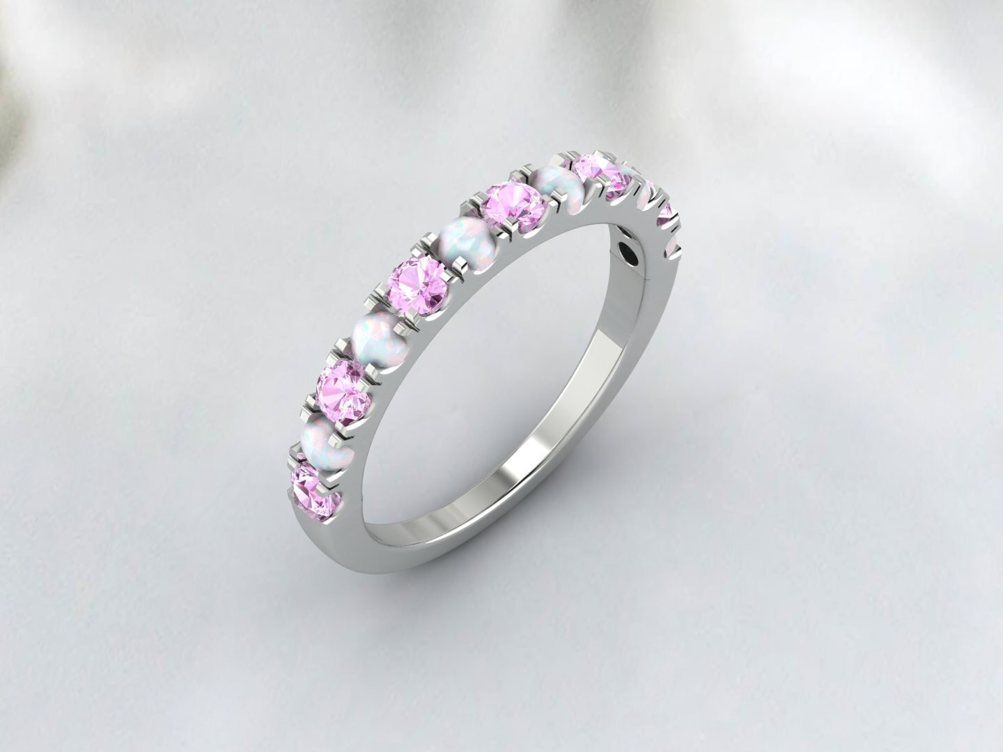 Natural Round Opal And Pink Sapphire Half Eternity Band Fine Silver Wedding Band