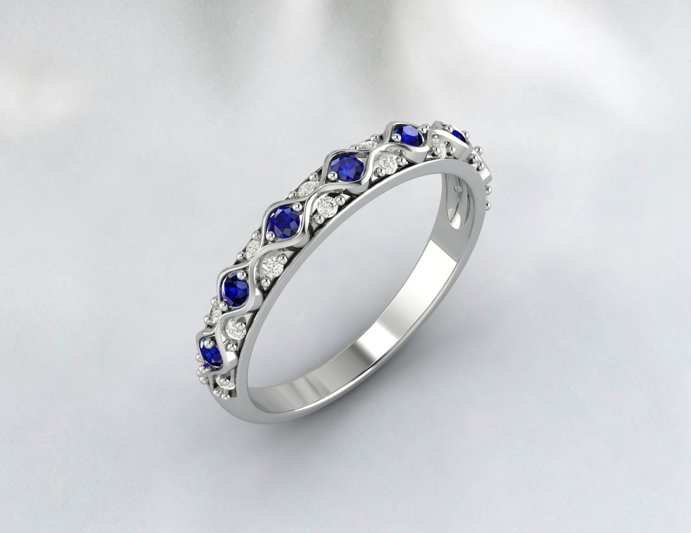Sapphire Cz Diamond Wedding Band Fine Silver Antique Vintage Band Lab Created