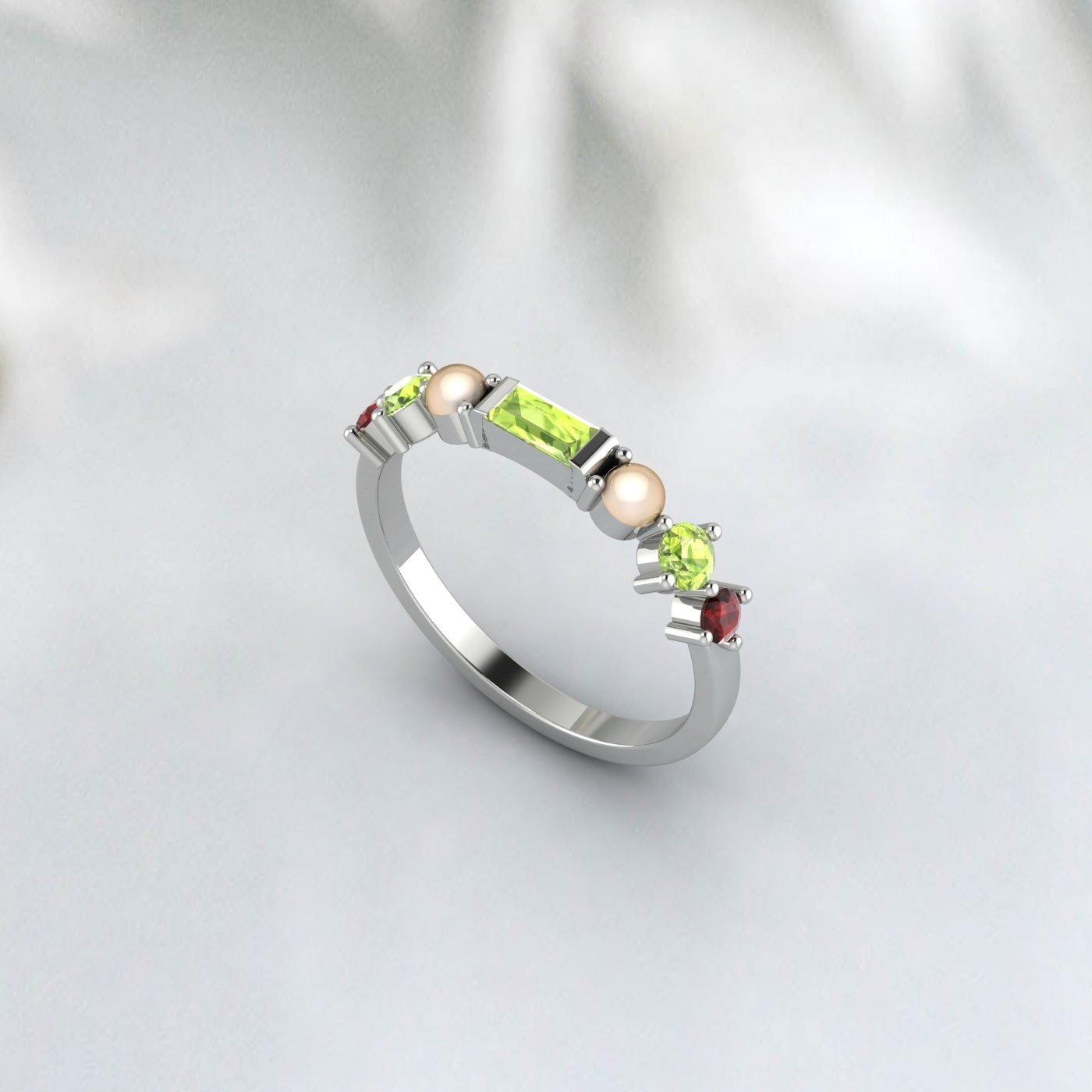 Natural Peridot, Pearl And Garnet Wedding Anniversary Ring 925 Sterling Silver