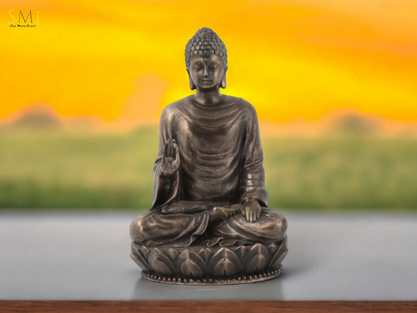 Copper Finish Sitting Buddha Figurine on Lotus Base Decorative Showpiece Gift