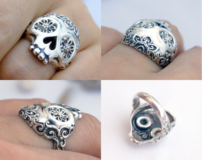 Flower Skull Ring Brass Gothic Punk Retro Style Biker Gift For Men Women US5 ~15