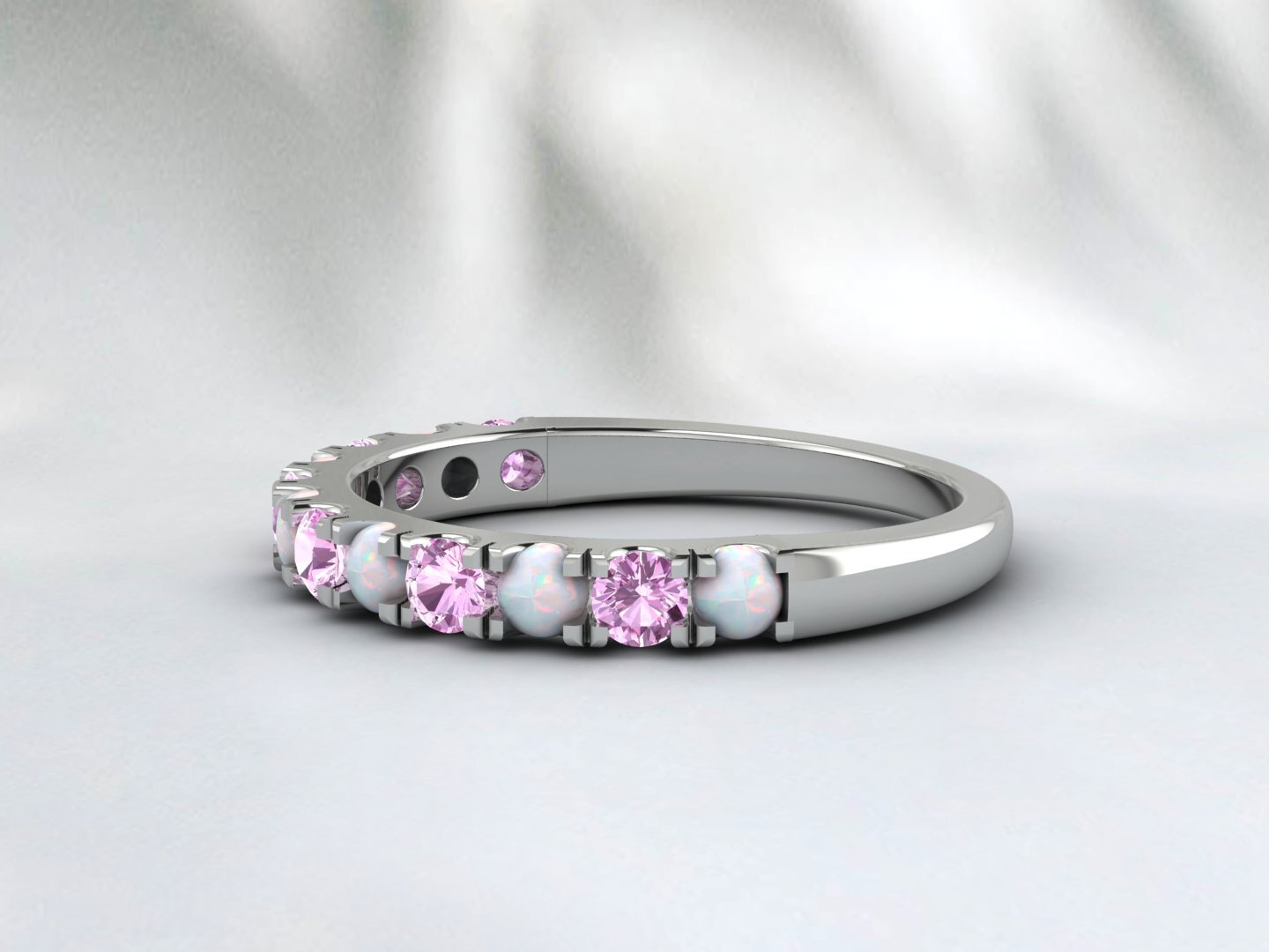 Natural Round Opal And Pink Sapphire Half Eternity Band Fine Silver Wedding Band