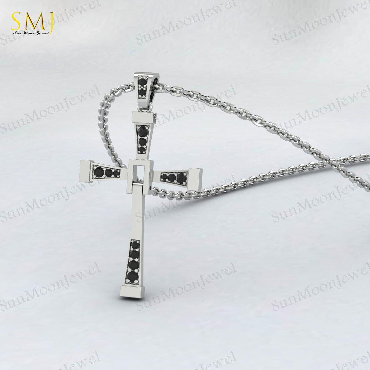 925 Silver Natural Black Onyx Cross Necklace Religious Charm Pray Rosary Pendant