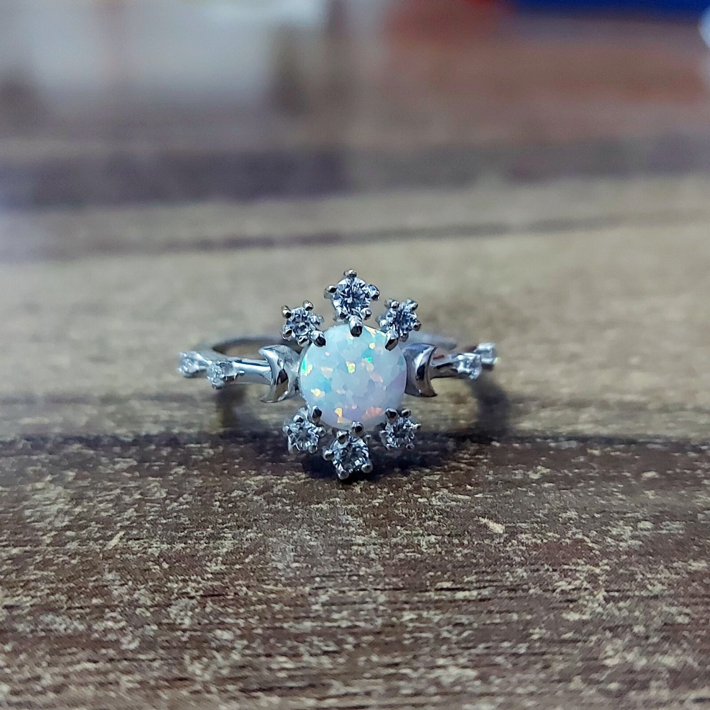 Natural Opal Ring Round Cut CZ Cluster 925 Silver Gift Ring US5~15 Vintage Look