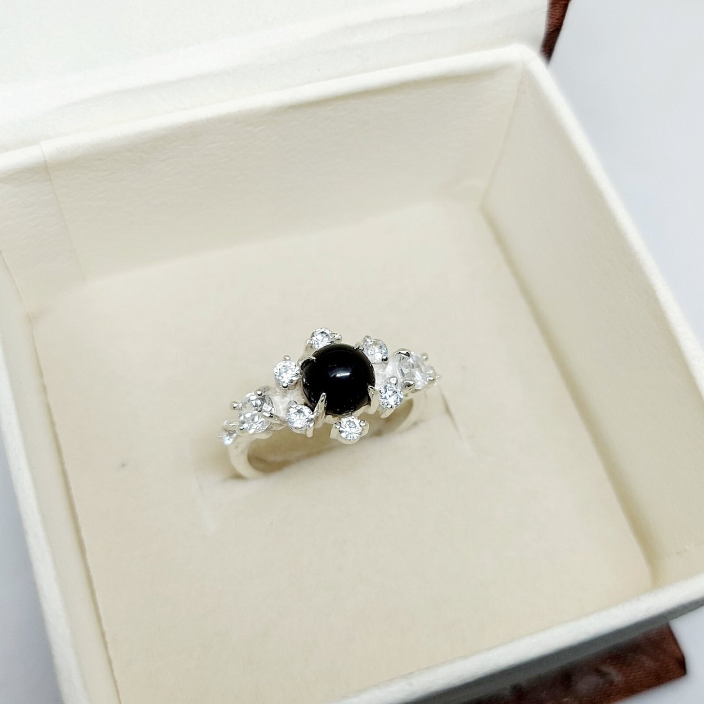 Natural Round Black Spinel Engagement Ring Cz Diamond 925 Sterling Silver Gift