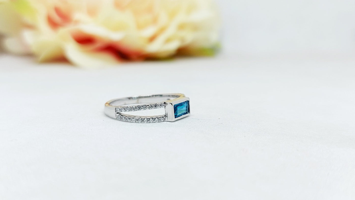 Silver Blue Tourmaline Baguette Shape Ring Women Birthstone Gift Ring Us5~ 15