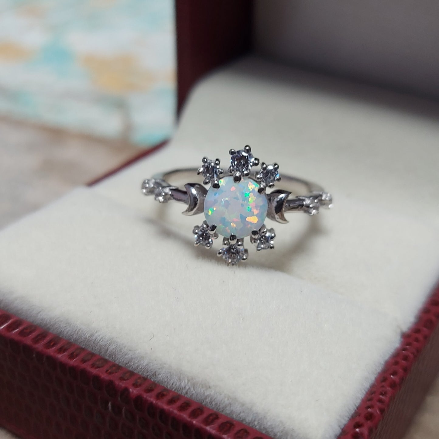 Natural Opal Ring Round Cut CZ Cluster 925 Silver Gift Ring US5~15 Vintage Look