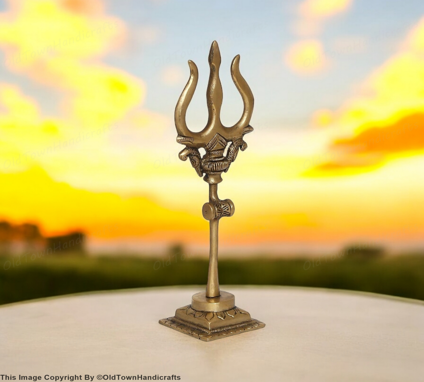 Brass Trishul with Damru Handcrafted Trishul Figurine Unique Gold Home Decor