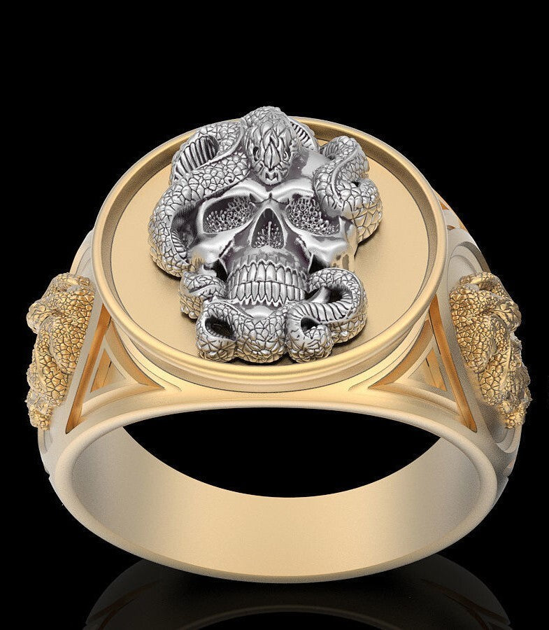Gothic Snake Skull Ring Brass Retro Biker Punk Men Unique Jewelry Gift US5~15