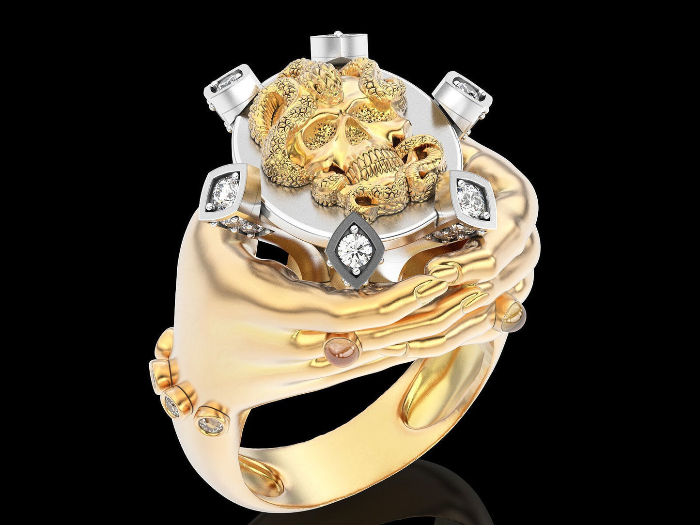 Gothic Brass Hand Holding Skull Ring Biker Punk CZ Custom Skull Ring Gift US5~15