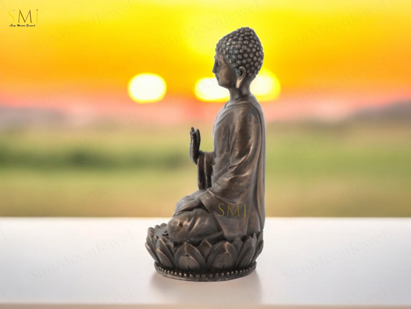Copper Finish Sitting Buddha Figurine on Lotus Base Decorative Showpiece Gift