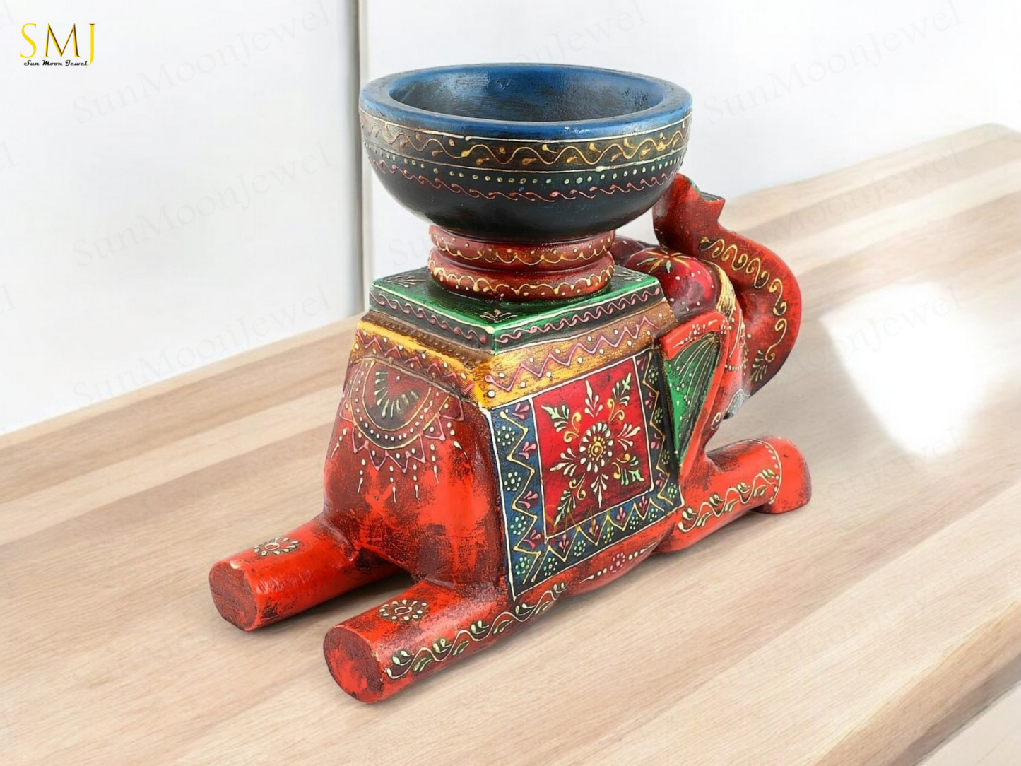 Wooden Painted Sitting Elephant Bowl Decorative Home & Gift Item Elephant Bowl