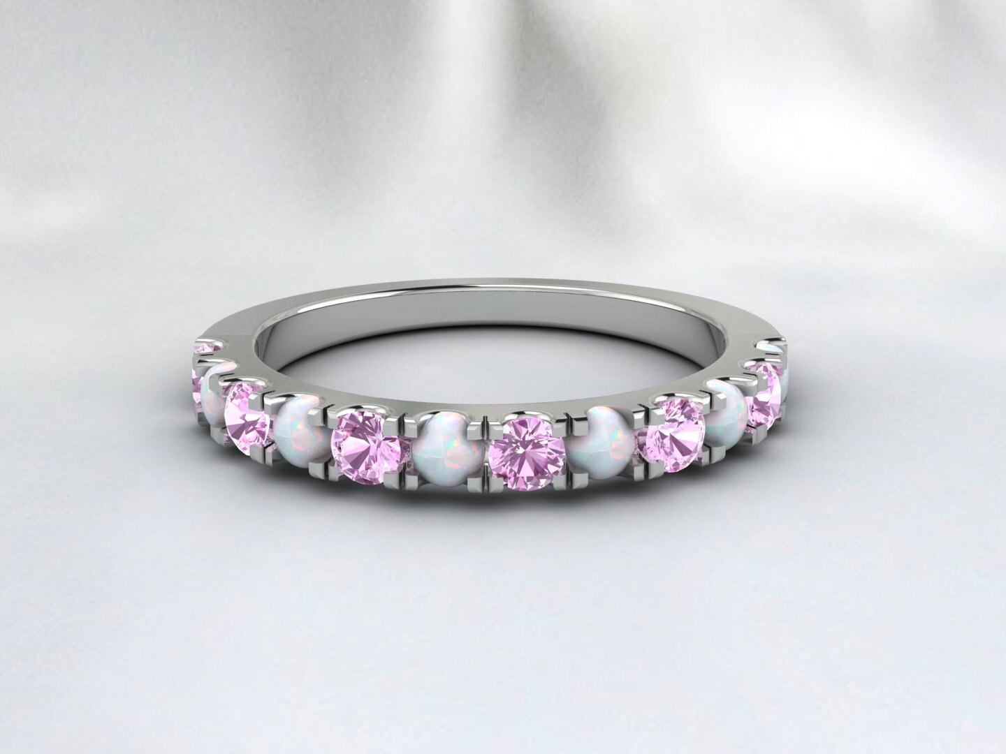 Natural Round Opal And Pink Sapphire Half Eternity Band Fine Silver Wedding Band