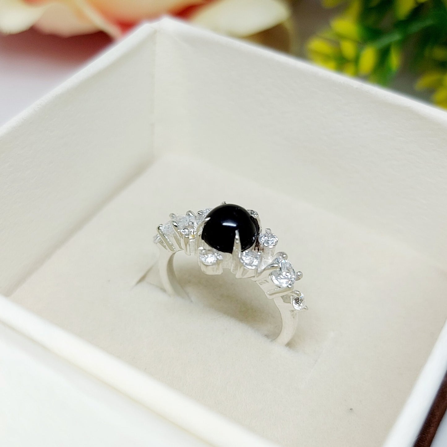Natural Round Black Spinel Engagement Ring Cz Diamond 925 Sterling Silver Gift