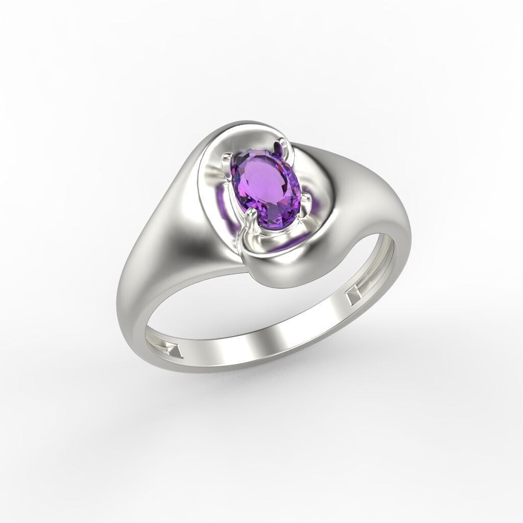 Natural Amethyst Oval Cut Ring 925 Silver Purple Gemstone Curve Band Gift US5-15