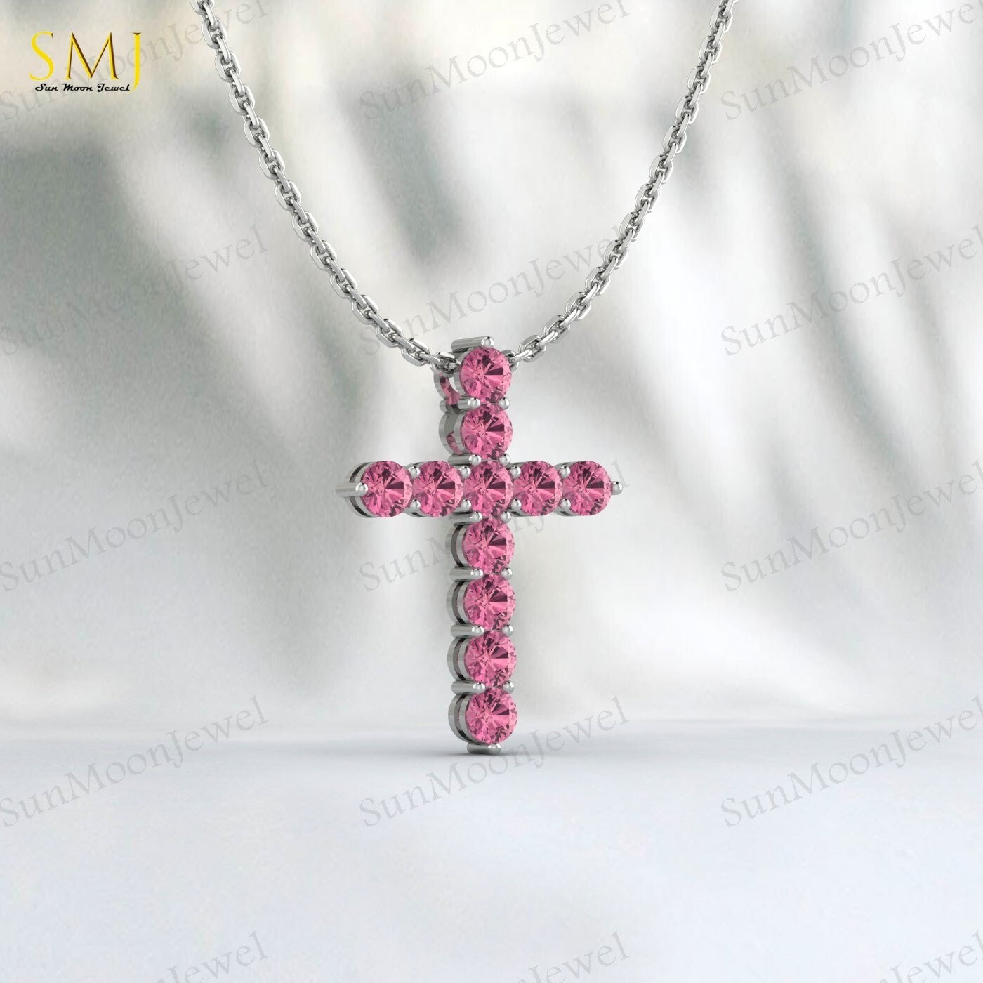 925 Silver Natural Pink Tourmaline Cross Necklace Pendant December Birthstone