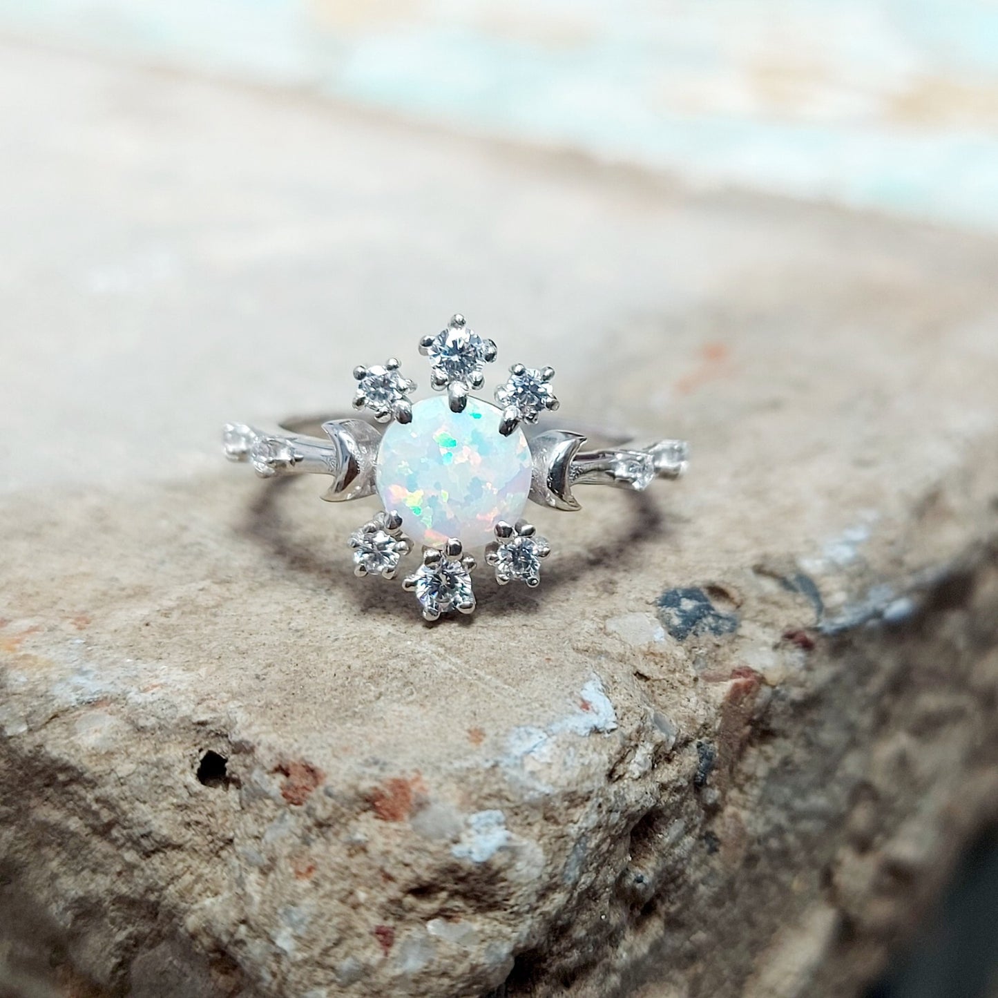 Natural Opal Ring Round Cut CZ Cluster 925 Silver Gift Ring US5~15 Vintage Look