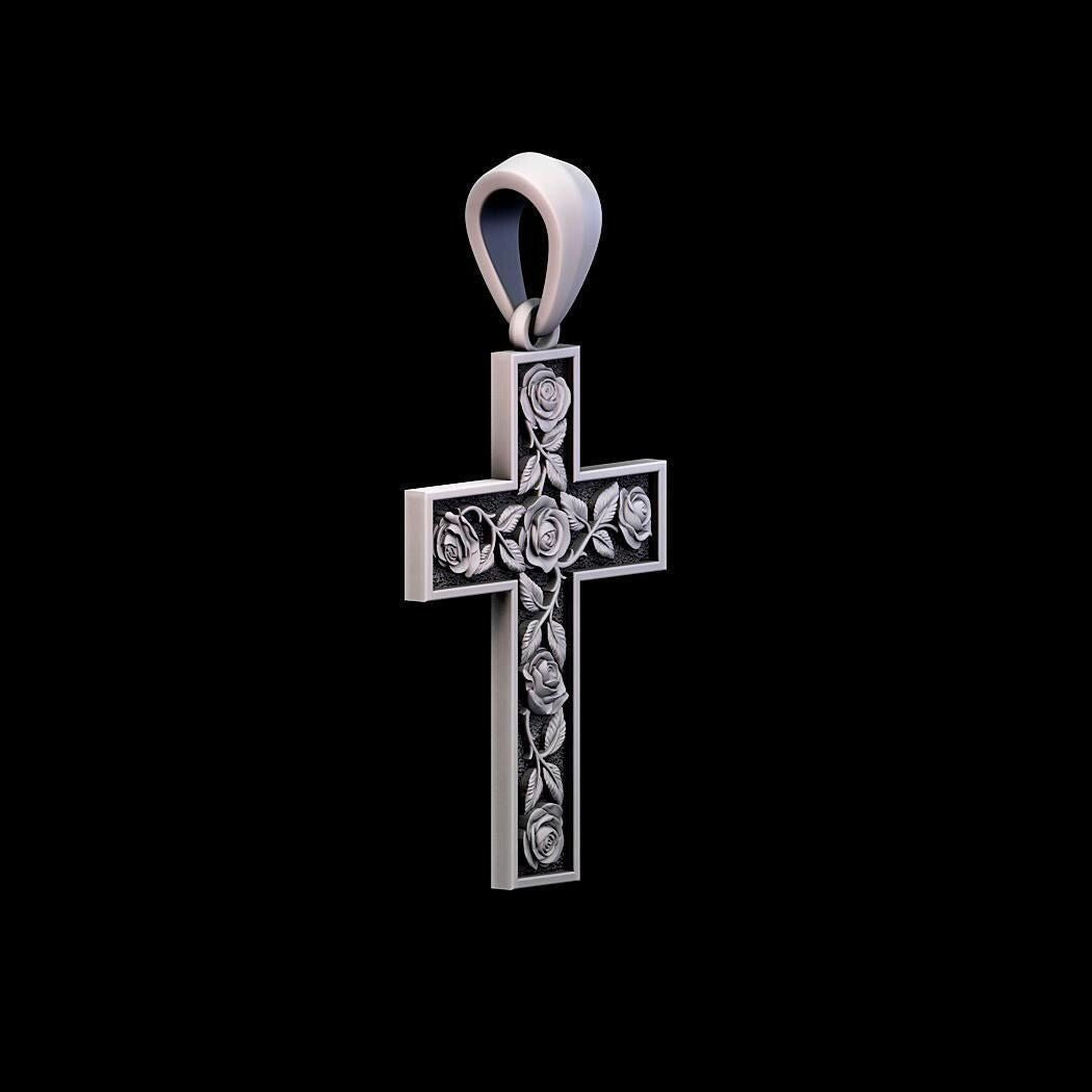 Silver Cross Whit Rose Jesus Crucifix Pendant Christian Men Cross Necklace Gift