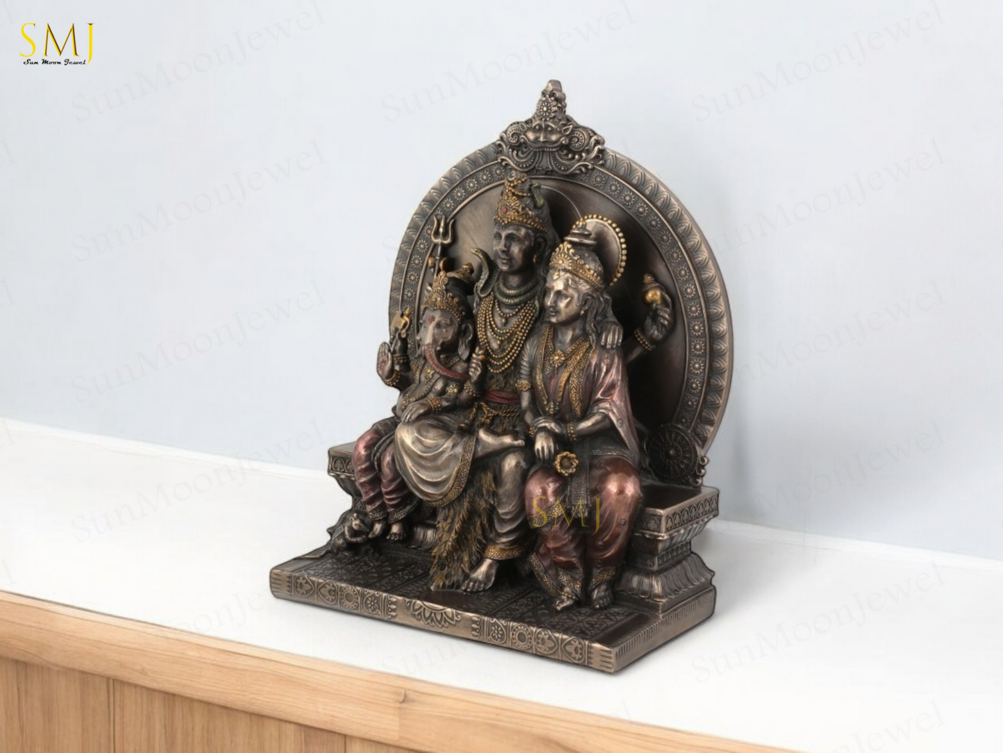 Shiv Family Copper Finish Sitting Shiva Parvati Ganesh Home Temple Decor Gift