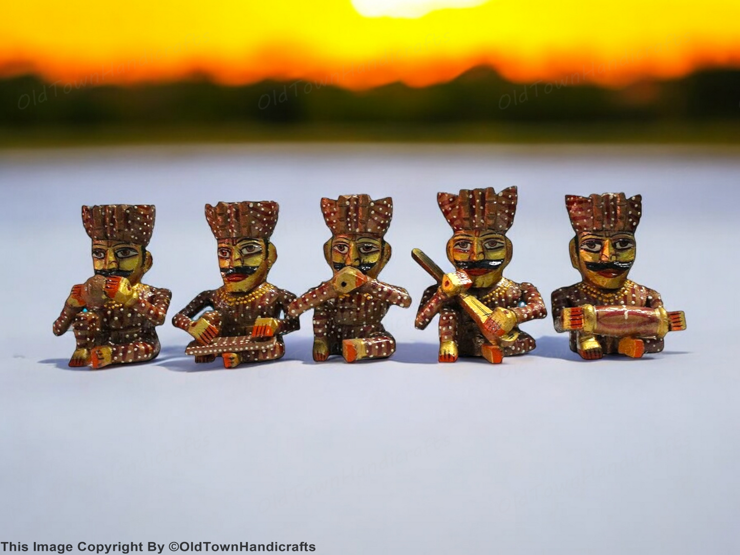 Handmade Wooden Musician Figurine Set Rajasthani Art Decor Gift for Home Office