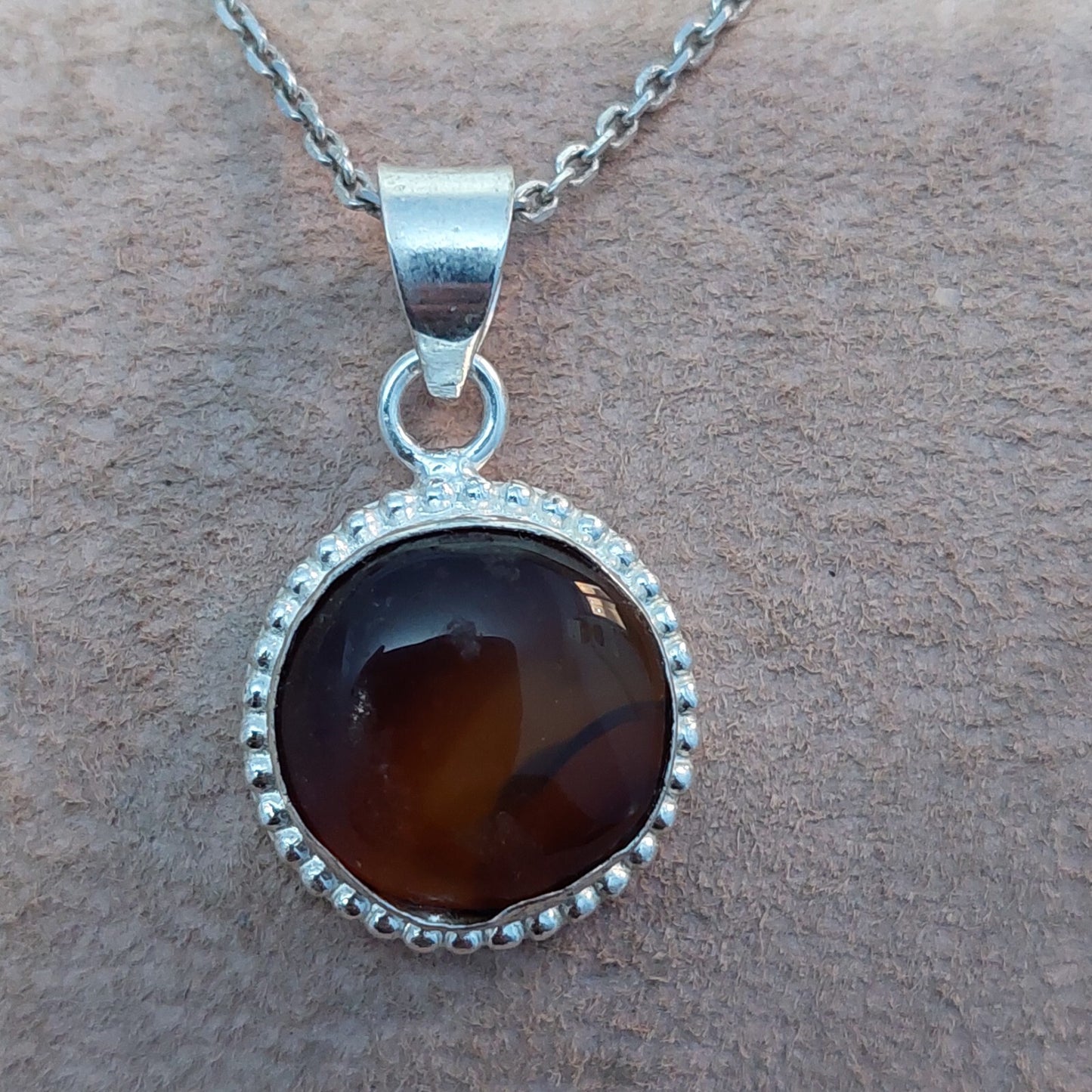 925 Sterling Silver Round Shape Brown Agate Pendant Only Pendant For Women