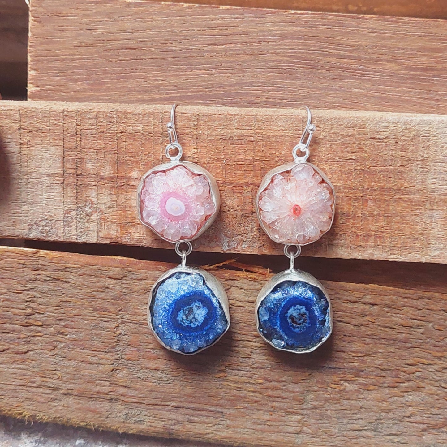 925 Sterling Silver Natural Pink And Blue Solar Quartz Handmade Earring For Mom