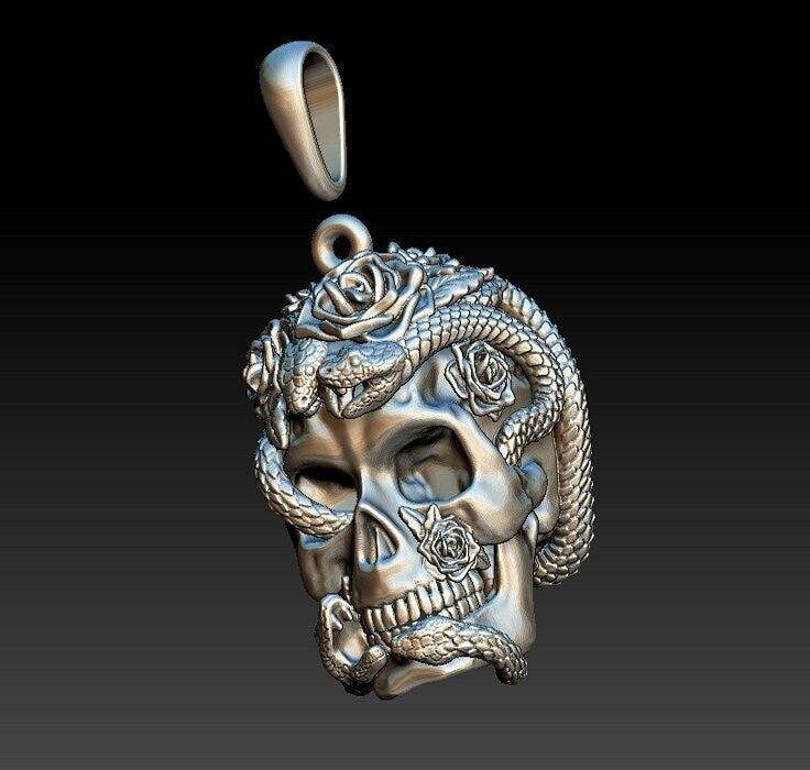Silver Skull Roses Snake Serpents Pendant US7~15 Gothic Biker Jewelry Pendant