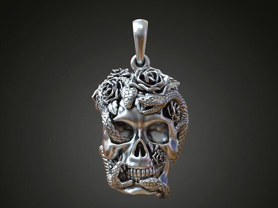 Silver Skull Roses Snake Serpents Pendant US7~15 Gothic Biker Jewelry Pendant