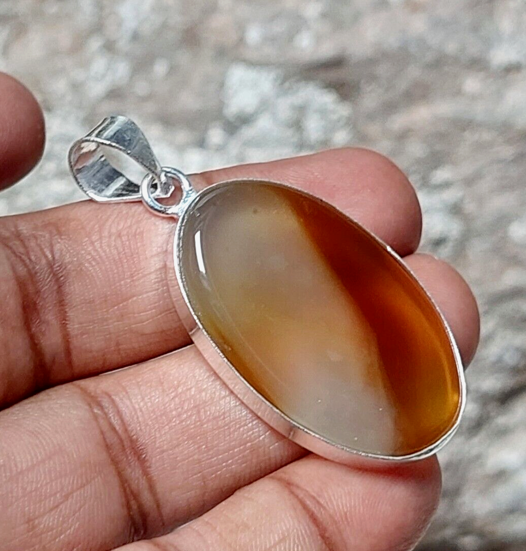 Brown Banded Agate 925 Sterling Silver Pendant,Statement Designer Pendant Gift