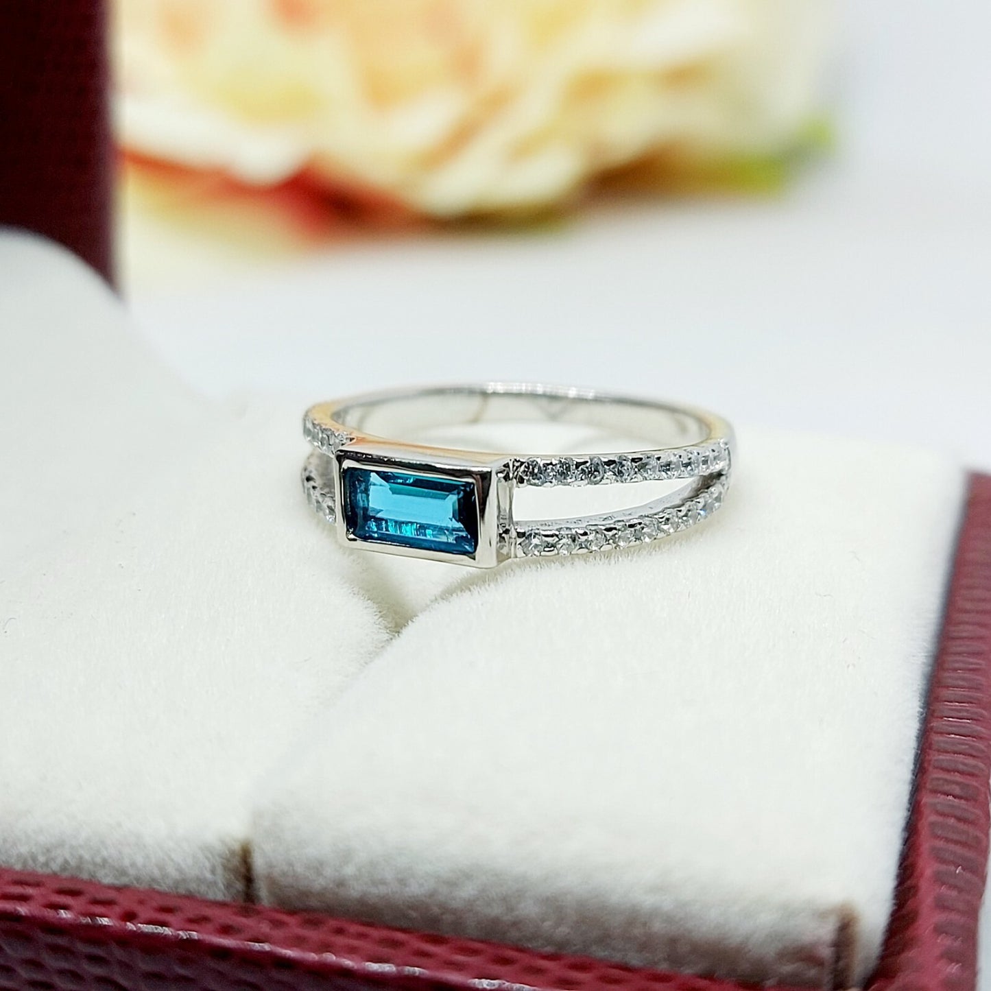 Silver Blue Tourmaline Baguette Shape Ring Women Birthstone Gift Ring Us5~ 15