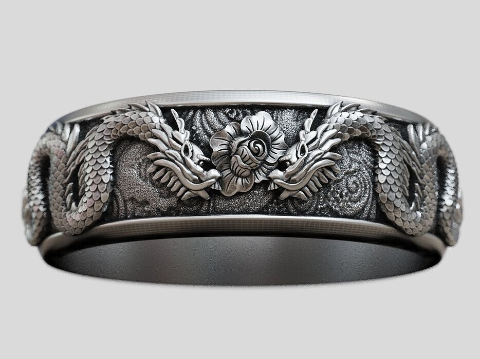 Silver Men's Ring Dragon Spinner Wedding Band Dragon Flower Women Ring US5~15