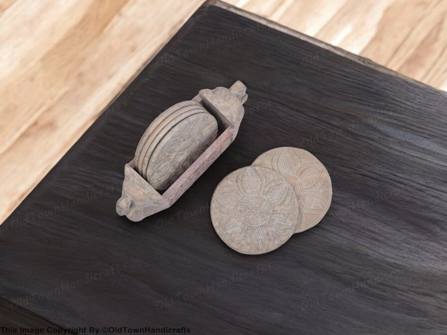 Set of 6 Hand Carved Elephant Soapstone Coasters with Holder Dining Party Gift