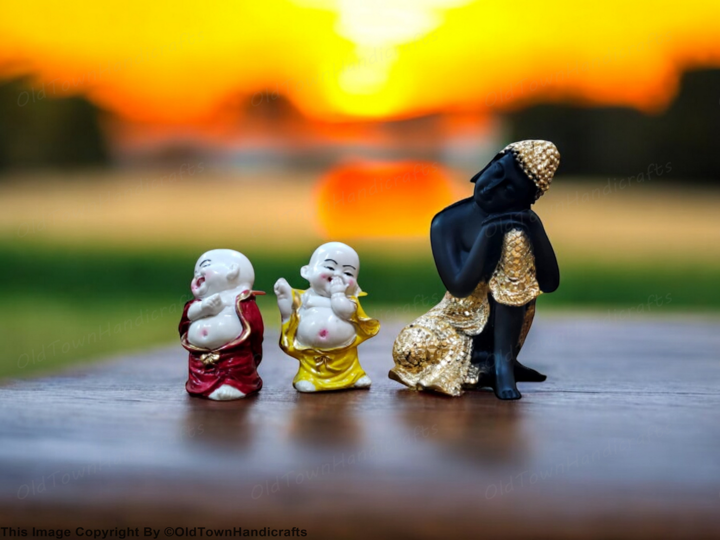 Divine Resting Buddha Idol with Two Child Monks Home Office Decor Gift Showpiece