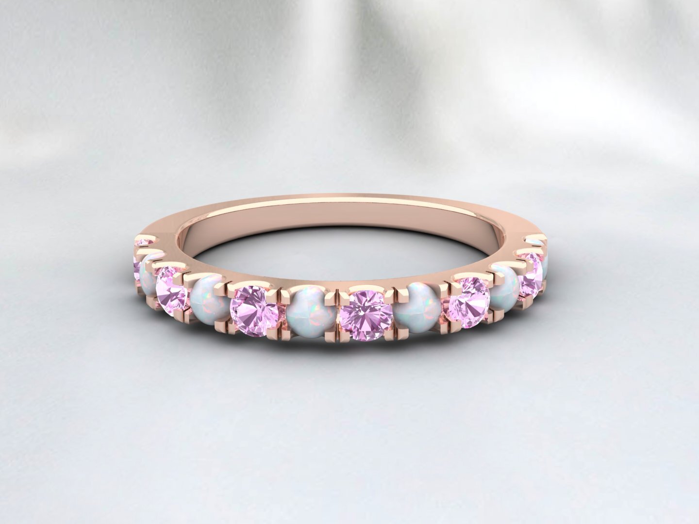 Natural Round Opal And Pink Sapphire Half Eternity Band Fine Silver Wedding Band