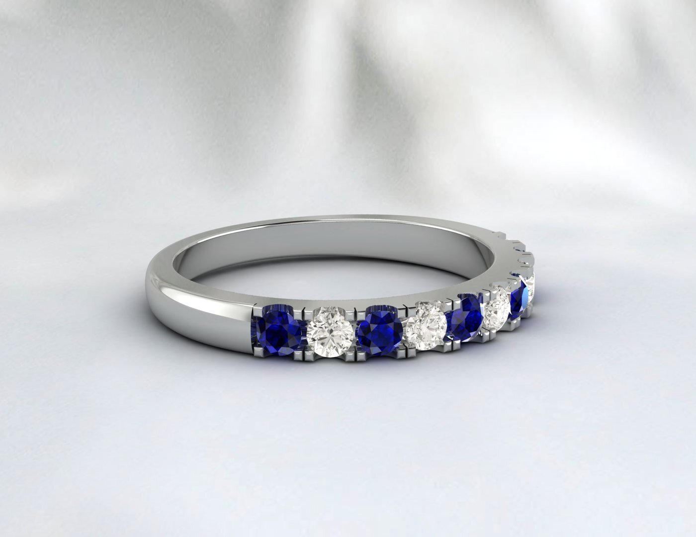 Blue Sapphire Half Eternity Band With Cz Diamond 925 Sterling Silver Lab Created