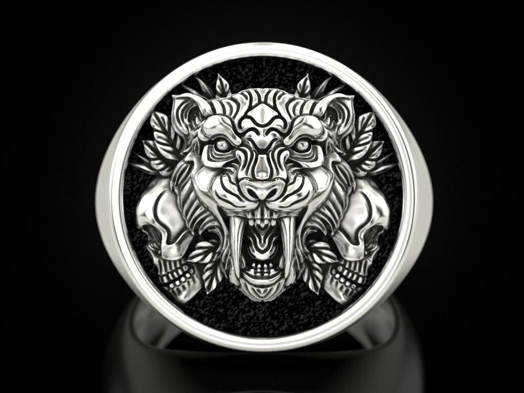 Saber Tooth Tiger Skull Ring 925 Sterling Silver Gothic Biker Rider Style US5~15