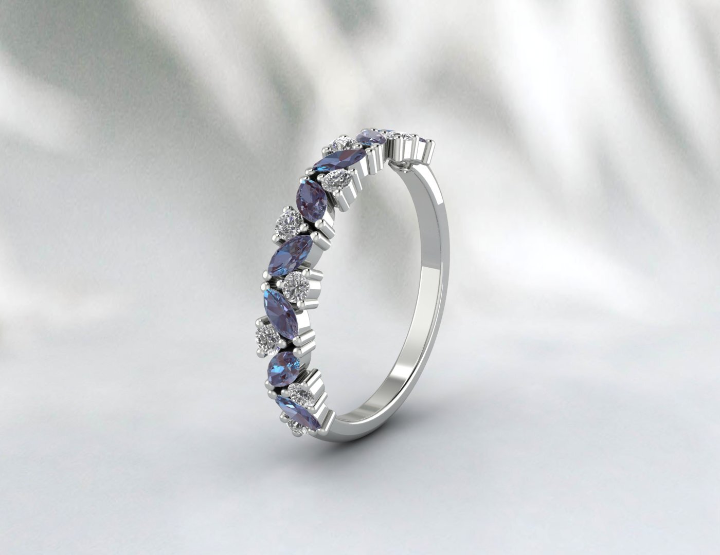 Natural Marquise Alexandrite Wedding Band Half Eternity 925 Silver Birthstone