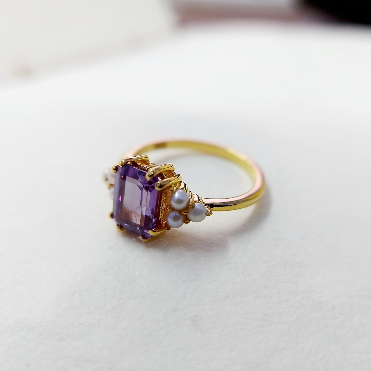 Emerald Cut Amethyst Pearl Ring 925 Silver Handmade Engagement Women Ring US5~15